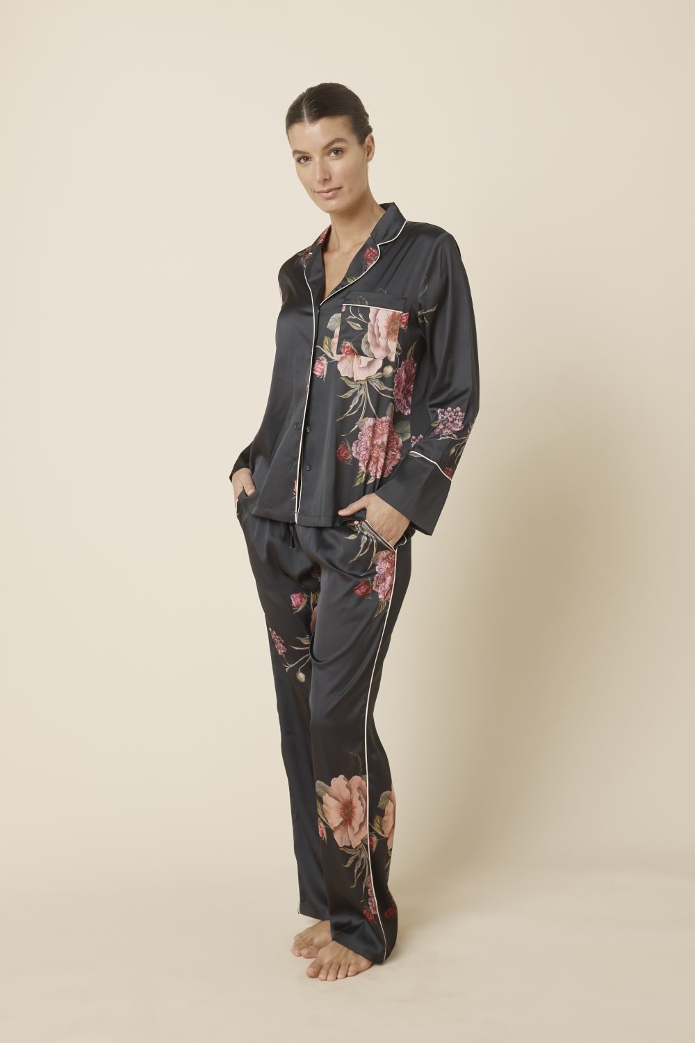 Ruby Floral Satin PJ Set Black - Pure Apotheca