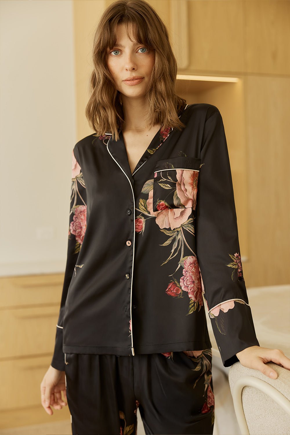 Ruby Floral Satin PJ Set Black - Pure Apotheca