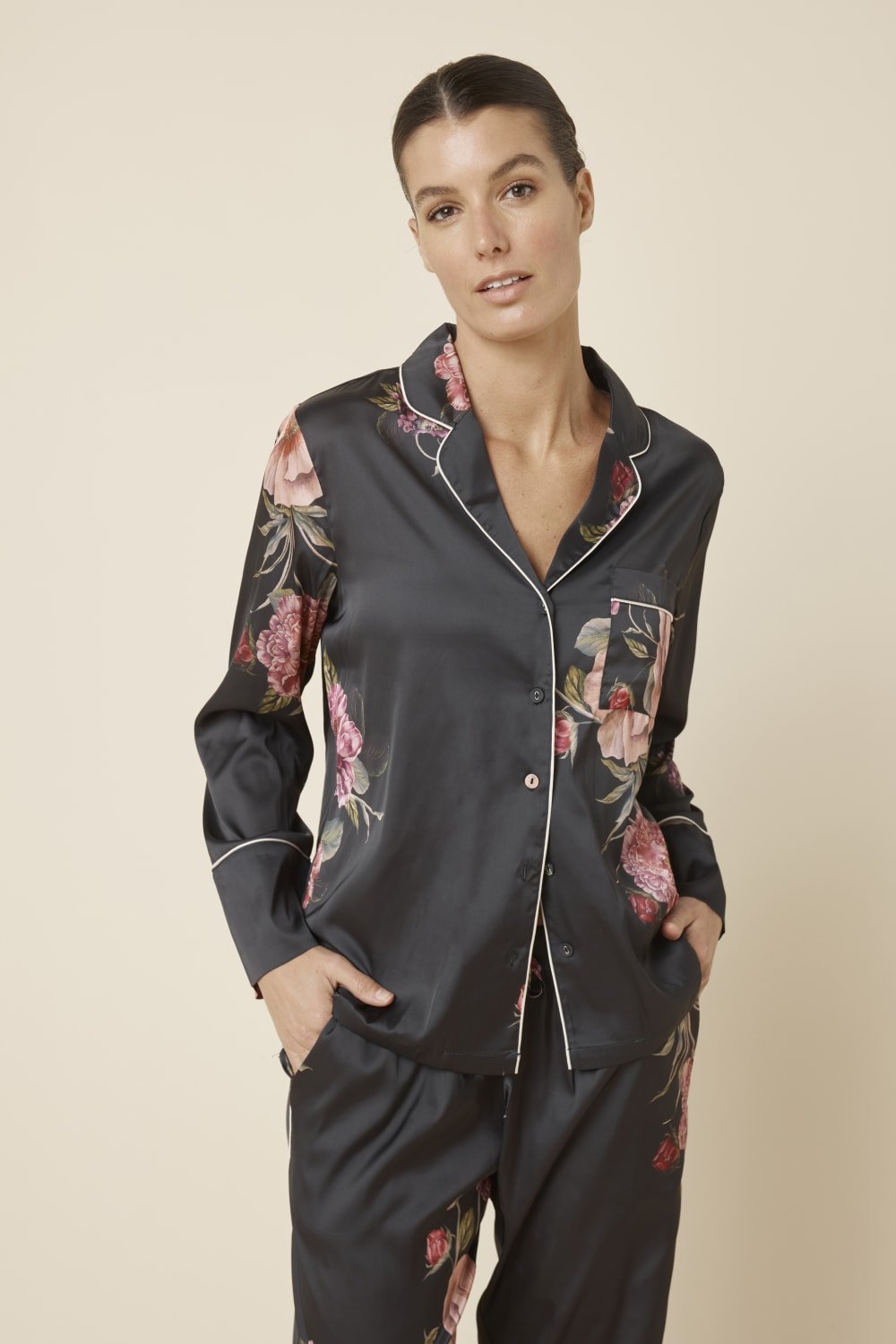Ruby Floral Satin PJ Set Black - Pure Apotheca
