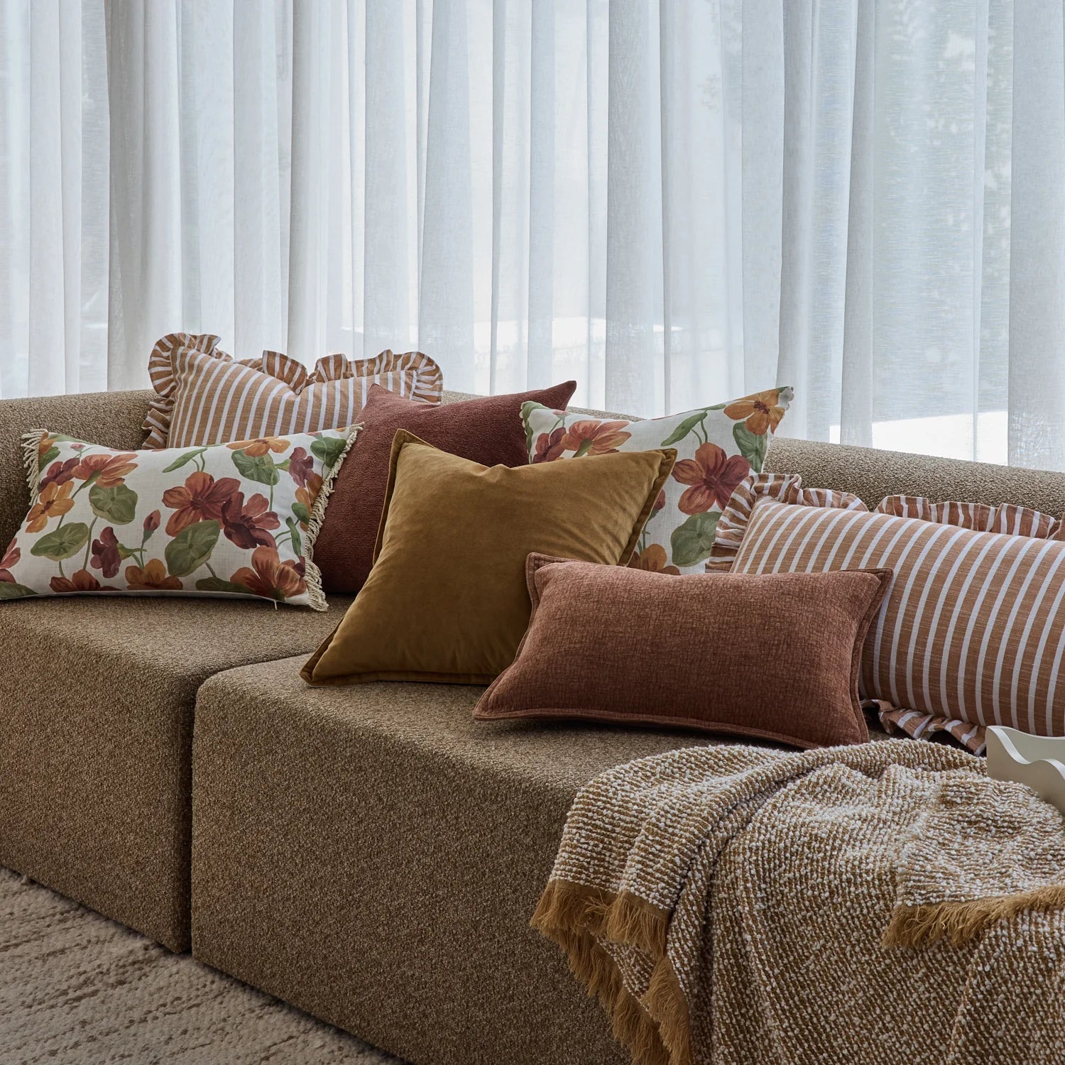 RUFFLES CINNAMON STRIPE CUSHION 50CM. - Pure Apotheca