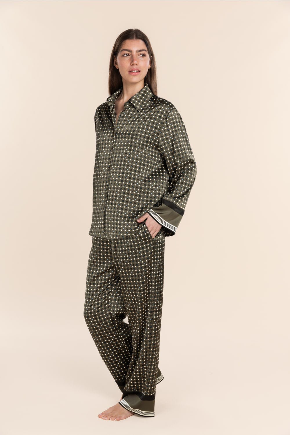 Scarlett Printed Silky Satin PJ Set Olive - Pure Apotheca