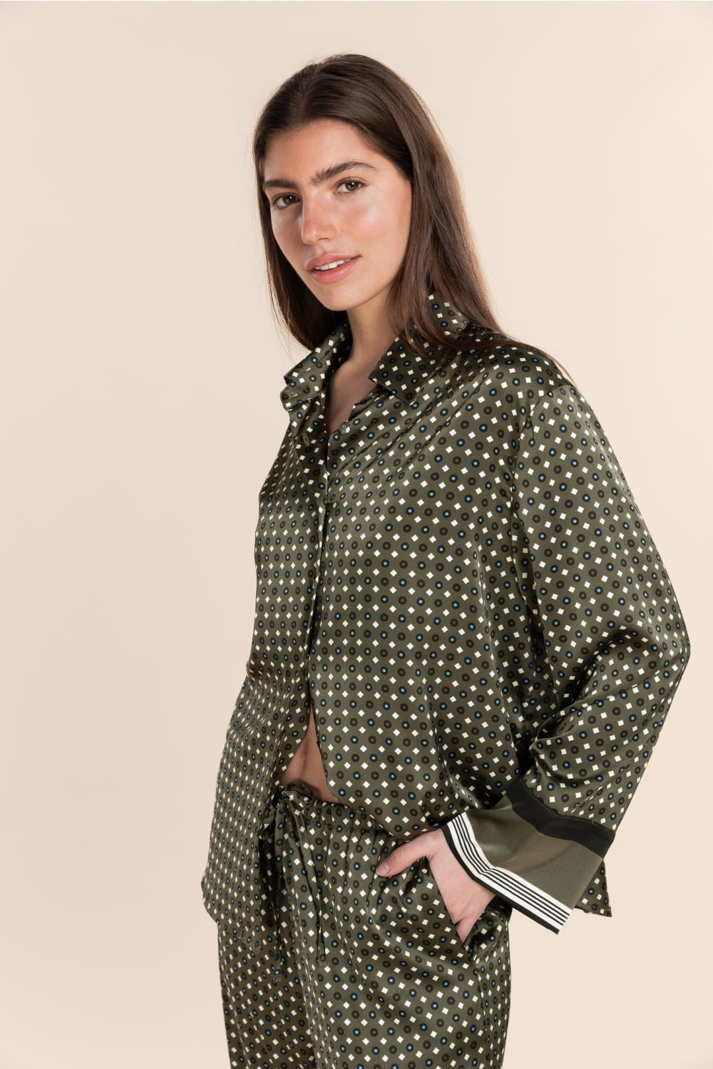 Scarlett Printed Silky Satin PJ Set Olive - Pure Apotheca