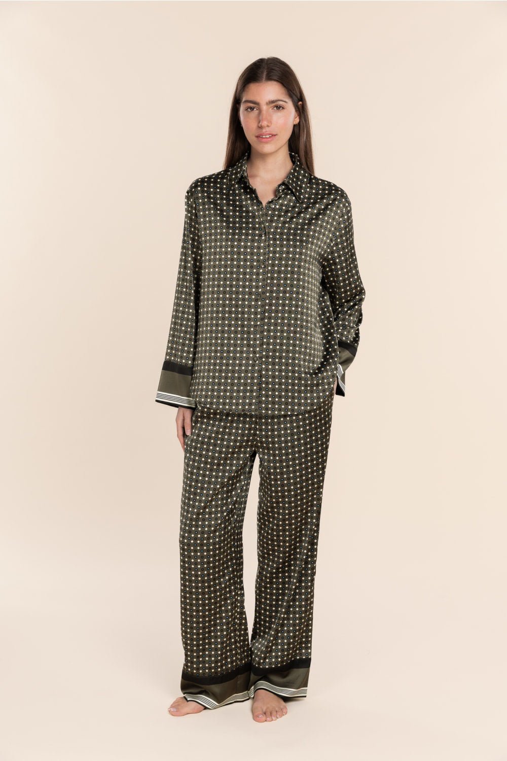 Scarlett Printed Silky Satin PJ Set Olive - Pure Apotheca