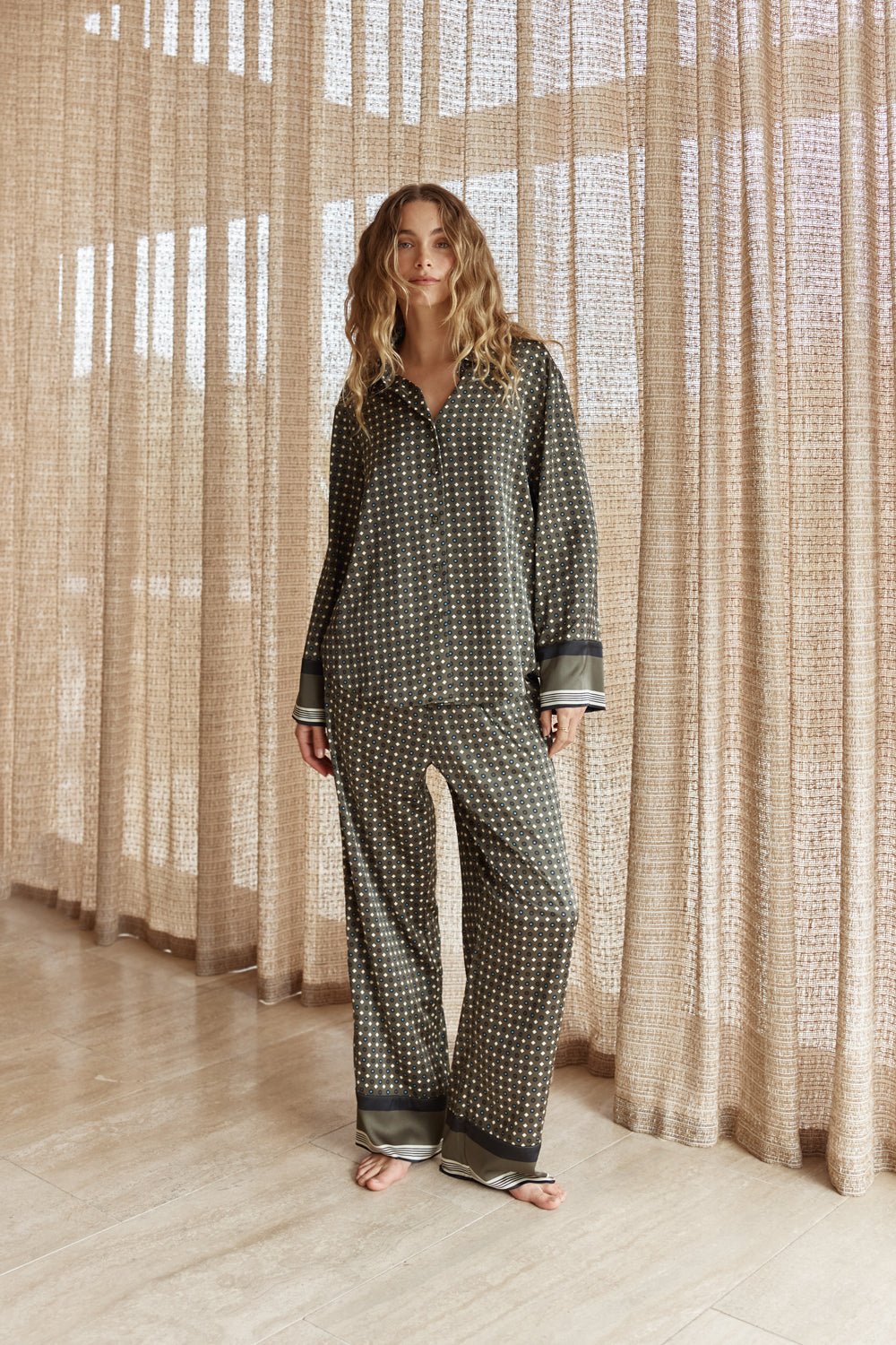 Scarlett Printed Silky Satin PJ Set Olive - Pure Apotheca