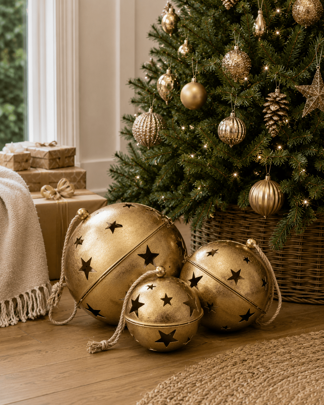 Set of 3 Large Round Gold Bells on Rope - Pure Apotheca