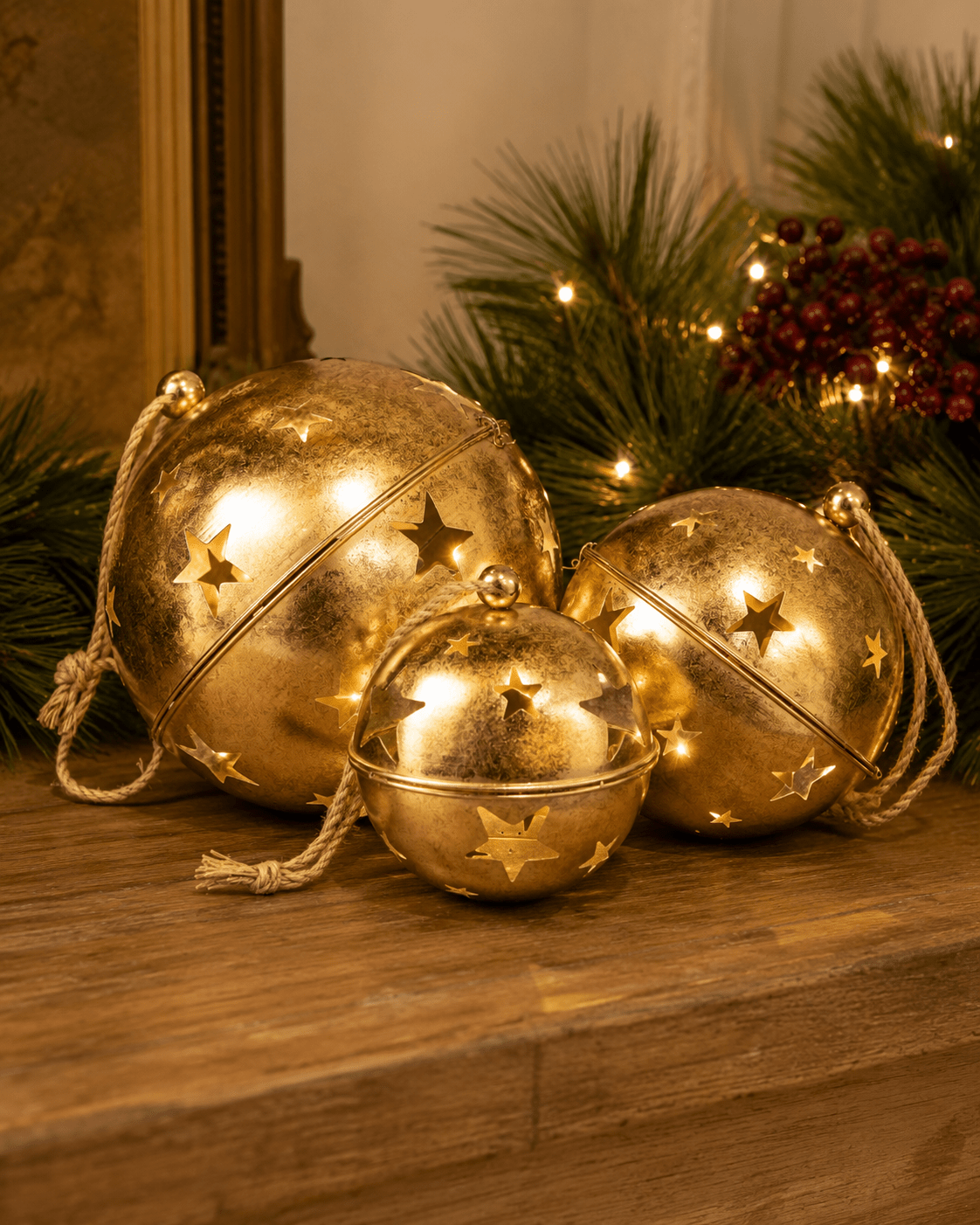 Set of 3 Large Round Gold Bells on Rope - Pure Apotheca