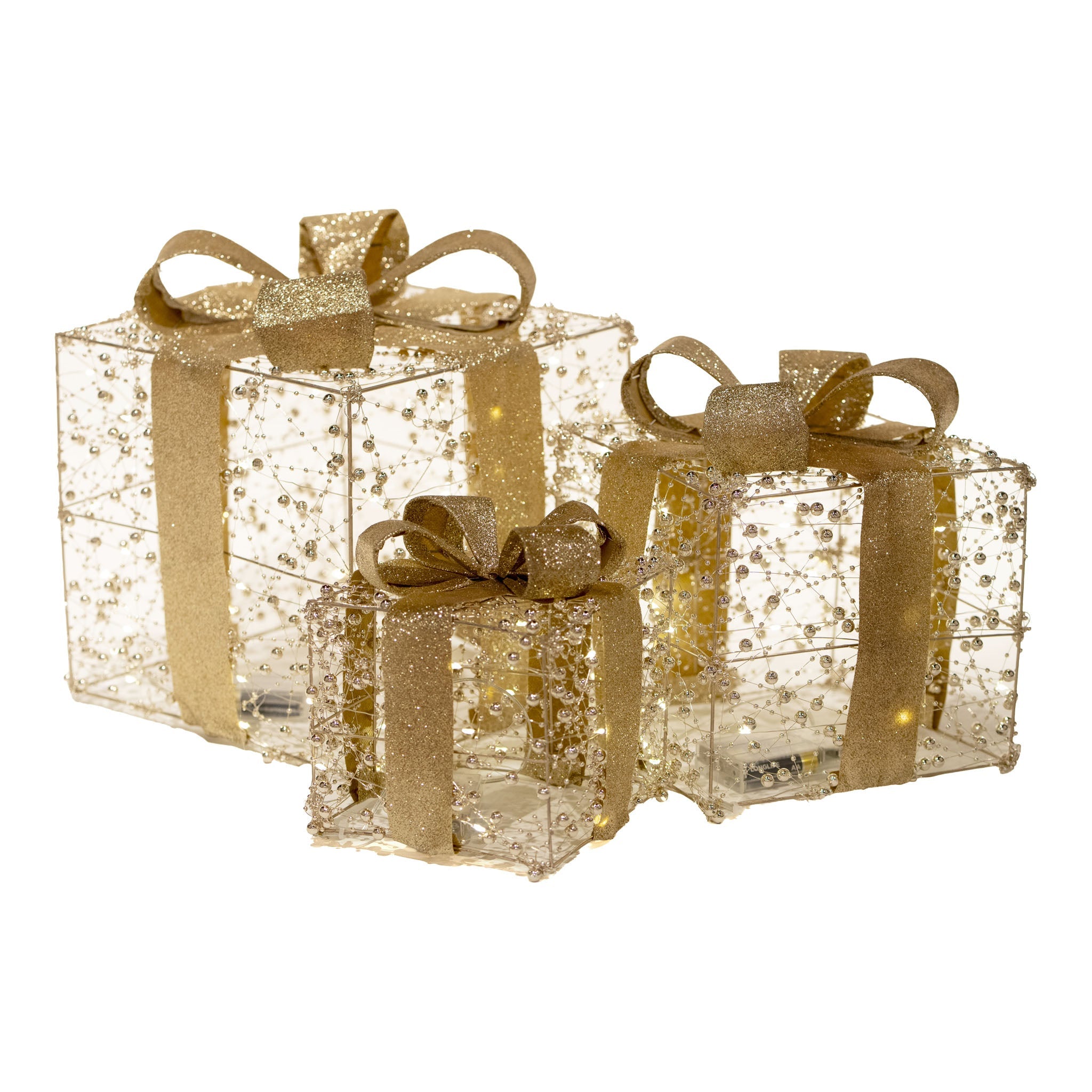 Square Illuminated Gold Beaded Gift Boxes Set of 3 with LED - Pure Apotheca