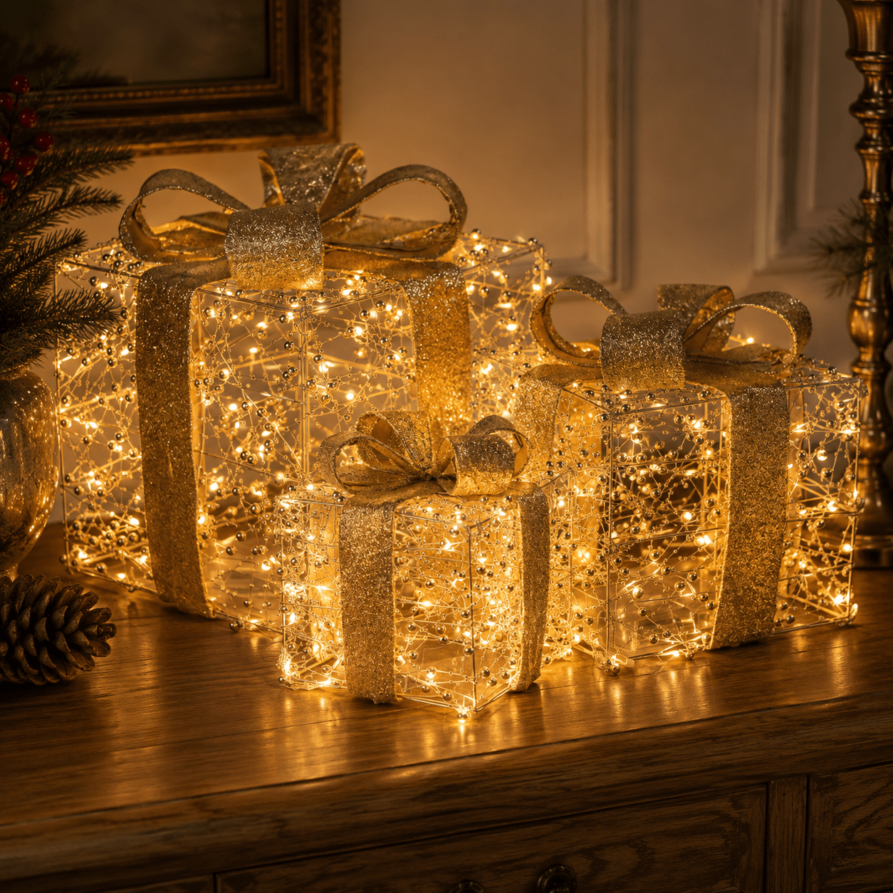 Square Illuminated Gold Beaded Gift Boxes Set of 3 with LED - Pure Apotheca