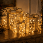 Square Illuminated Gold Beaded Gift Boxes Set of 3 with LED - Pure Apotheca