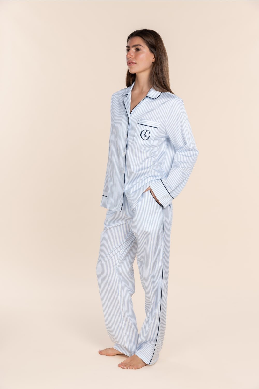 Susanna Cotton Long PJ Set Blue Stripe - Pure Apotheca