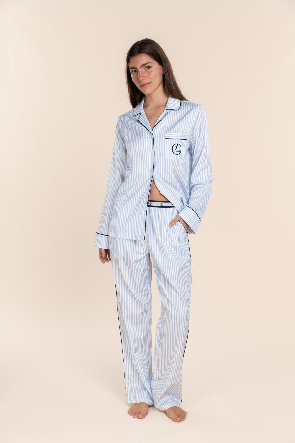 Susanna Cotton Long PJ Set Blue Stripe - Pure Apotheca