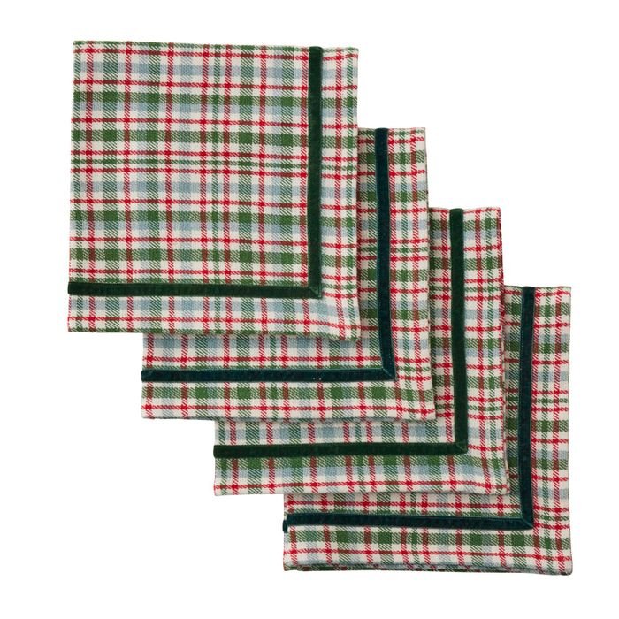 Tartan Check Napkins with Velvet Trim Set/4 40cm Green/Red - Pure Apotheca