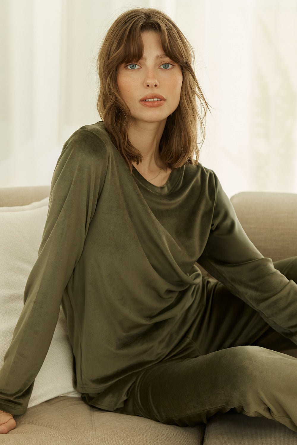 Thea Velour Long Lounge Set Olive - Pure Apotheca