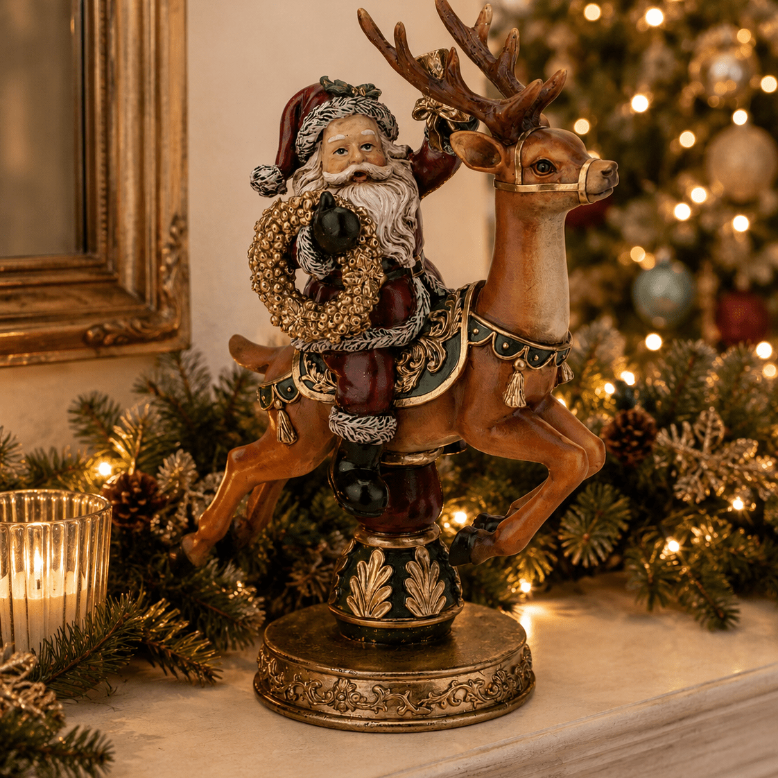 Traditional Santa on Deer Carousel 28cm - Pure Apotheca