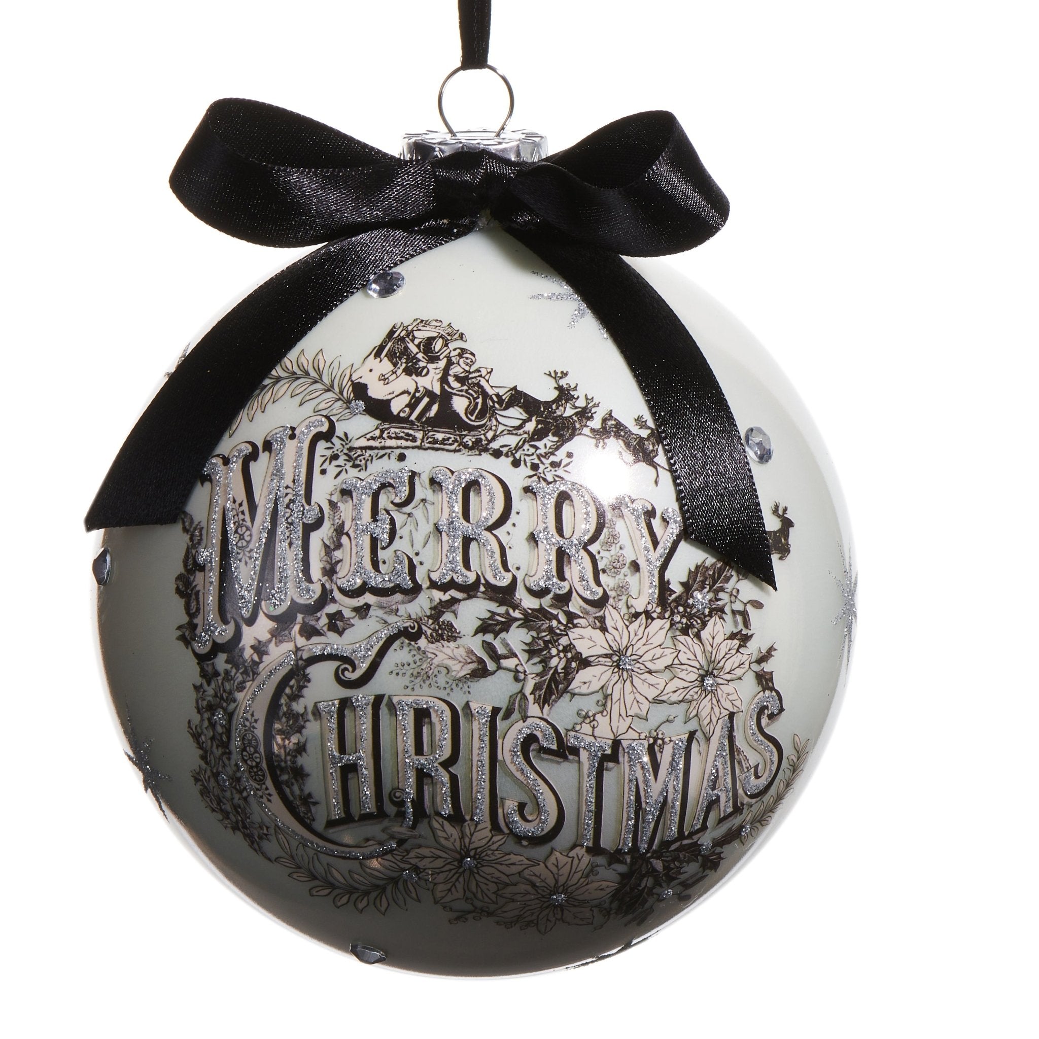 Vintage Noir Merry Christmas Glass Bauble 13cm - Pure Apotheca