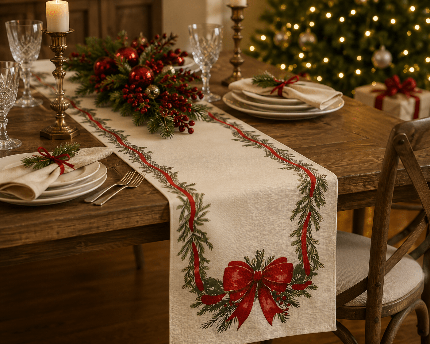 Vintage Red Bow & Pine Table Runner 180x33cm - Pure Apotheca